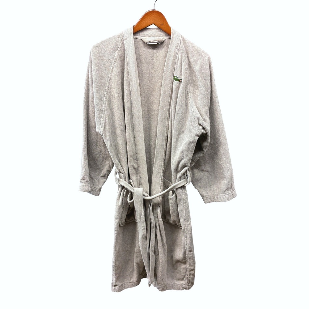 Lacoste Kimono Terry Cloth Bathrobe Mens OS Gray Cotton Loungewear Cozy Spa